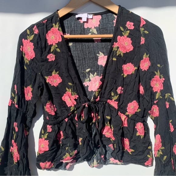 Don’t Ask Why floral cropped mutton Angel sleeve viscose cottage boho top OS - Picture 2 of 14